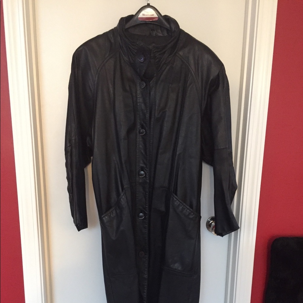 Full length black leather trench coat